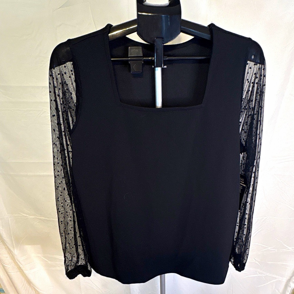 Jessica London Women's Black Solid Square Neck Sheer Long Sleeve Blouse 12